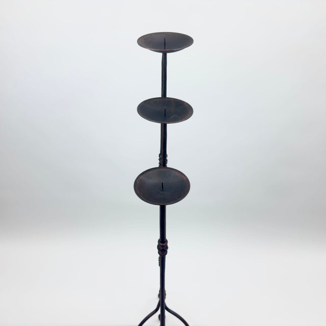 Hand Forged Iron Candelabra Set of 3 (93-113cm) Antique Copper Finish Slender Stem with Compact Arched Base For Sale - Image 4 of 6