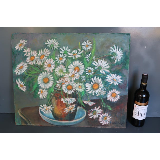 Beautiful vintage original oil painting depicting a large bouquet of white daisies in a rustic vase. The painting features...