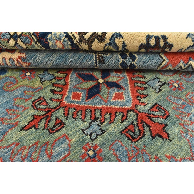 Textile Kazak Rug 9'1'' X 12'5'' Blue Wool Tribal Hand-Knotted Oriental Carpet For Sale - Image 7 of 12