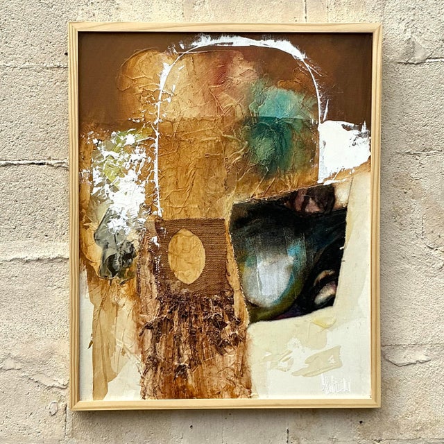 Vintage Boho Original Mixed Media Painting on Canvas For Sale - Image 4 of 6