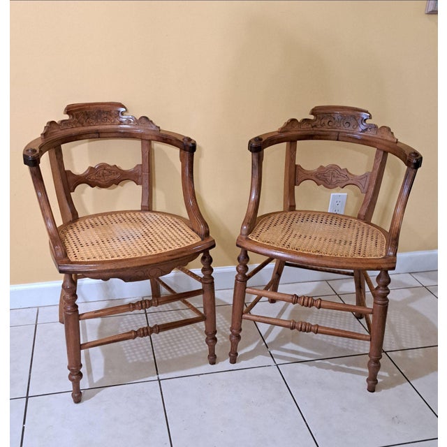 SKU: OT 3319 Antique 1800s Wood Chairs Pair Carved Back Recaned Seats Refinished This is a beautiful matched pair of late...