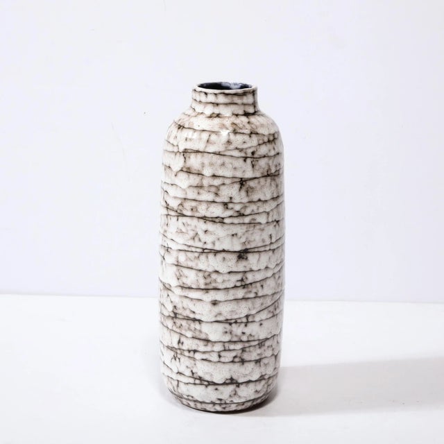 Mid-Century Modernist White and Earth Toned Horizontally Striated Ceramic Vase For Sale In New York - Image 6 of 11