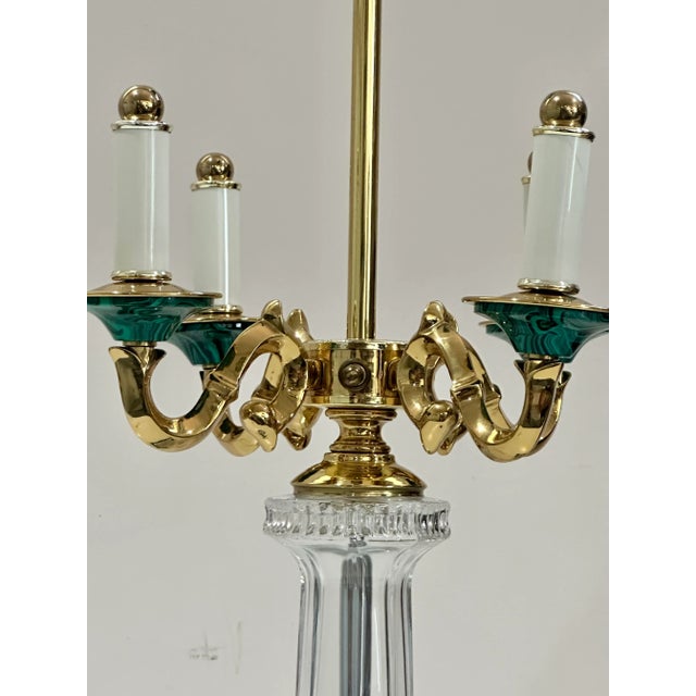 English 1980s Beth Weissman Malachite and Brass Four Arm Lamp For Sale - Image 3 of 8