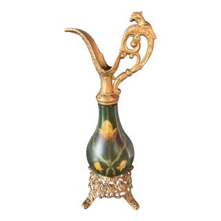 Vintage Victorian Metal and Glass Ewer For Sale
