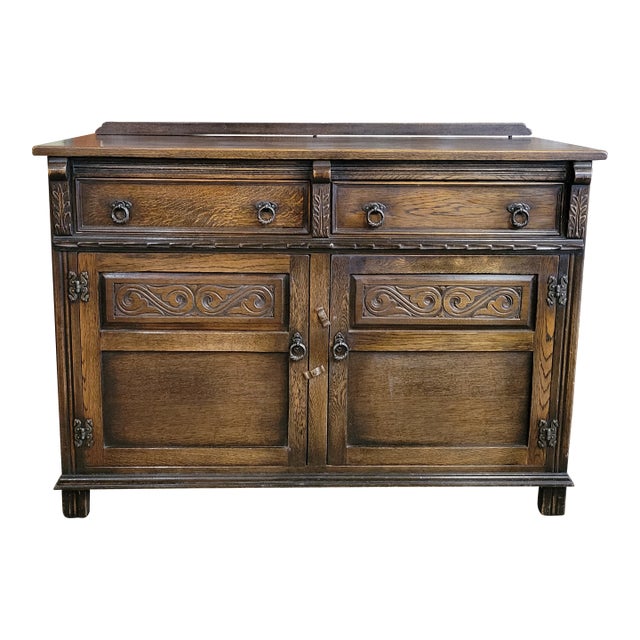 1930s English Gothic Revival Oak 2 Drawer Sideboard With 2 Drawers For Sale