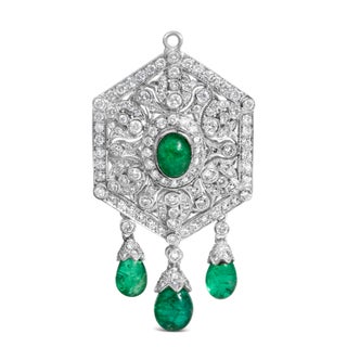 18K 2 3/4 Cttw Diamond and Emerald Dangle Art Deco Shield Brooch Pin Pendant (G-H Color, VS1-VS2 Cla For Sale