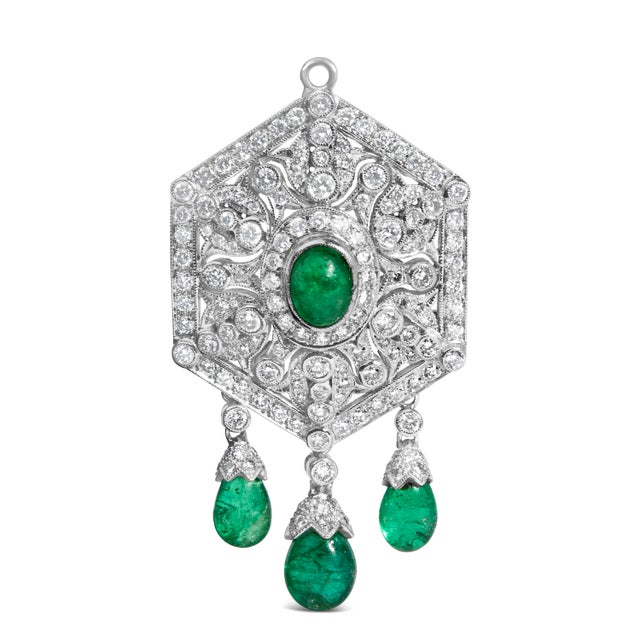 18K 2 3/4 Cttw Diamond and Emerald Dangle Art Deco Shield Brooch Pin Pendant (G-H Color, VS1-VS2 Cla For Sale