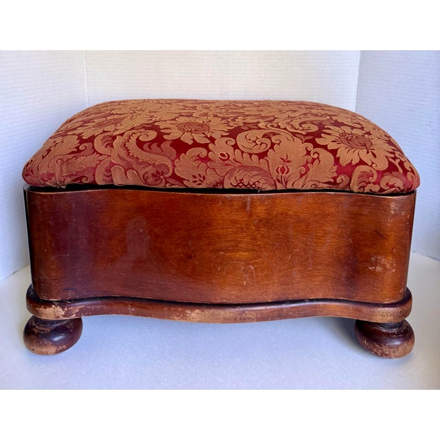 Wood Antique Upholstered Wood Serpentine Storage Footstool on Bun Feet For Sale - Image 7 of 12