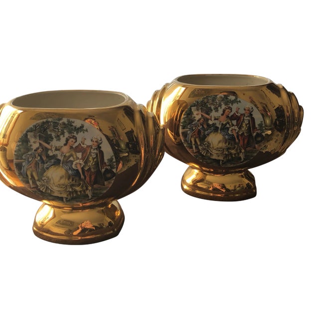 Vintage Hand Decorated Warranted 22k Gold Vases/Urns - a Pair For Sale