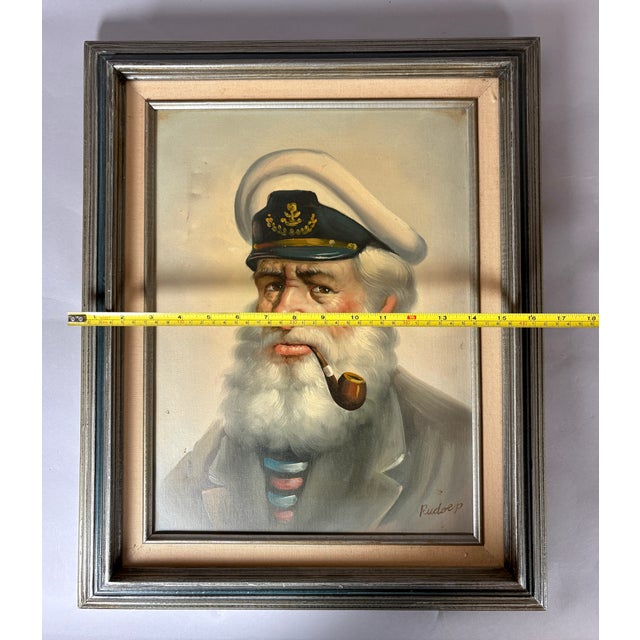 American Vintage Mid-Century Oil Painting of a Sea Captain With Pipe, Signed Rudder, C. 1965 For Sale - Image 3 of 5