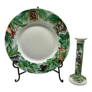Vintage Palm Beach Regency Oggetti Safari Decorative Plate and Candlestick Holder Set For Sale