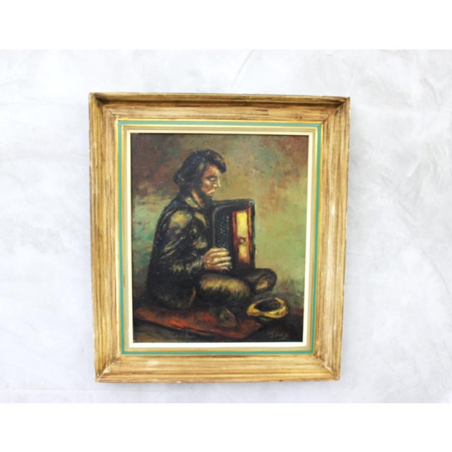 Original oil painting on canvas depicting a solitary street musician with accordion, executed in thick impasto style...