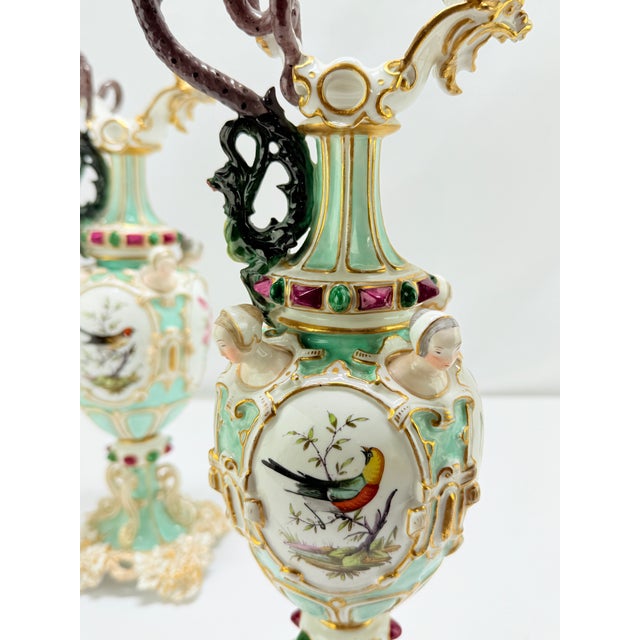 Mid 19th Century Pr. Finely Executed Ornithological & Neoclassical Decorated Meissen Ewers 19th C For Sale - Image 5 of 18