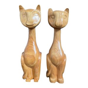 A Pair of Hand Carved Wooden Cats in Mid Century Modern Style