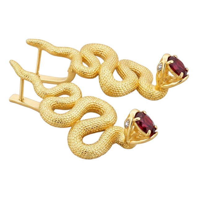 Massive Snake Earrings With Garnets in Opened Mouth, Pair For Sale