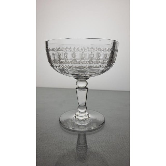 Glass Vintage Engraved Crystal Champagne Glasses, 1920s, Set of 7 For Sale - Image 7 of 11