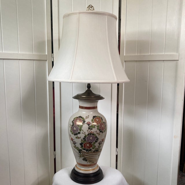 Vintage 35" Japanese Satsuma Style Ceramic and Brass Table Lamp With Tailor Made Shade For Sale - Image 12 of 12