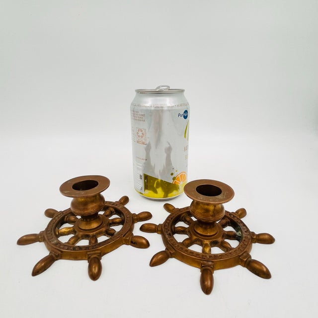 Traditional Vintage Brass Nautical Ship's Wheel Candlestick Holders - Set of Two For Sale - Image 3 of 11
