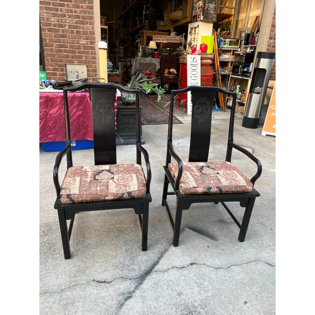 Black 1970s Pair of Black Painted Cushioned Kings Dining Asian Ming Chairs For Sale - Image 8 of 8