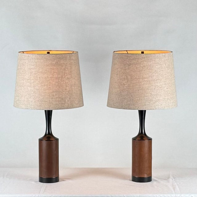 Pair of Slender Walnut Lamps With Custom Linen Shades by Laurel For Sale - Image 10 of 12