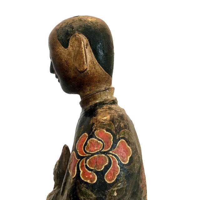 Coffee Chinese Qing Dynasty Lacquered and Polychrome Wood 18" Figure With a Deer For Sale - Image 8 of 13