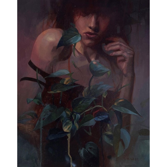 Unfurl by Ryan Morse | Oil on Board Portrait of a woman with plants For Sale