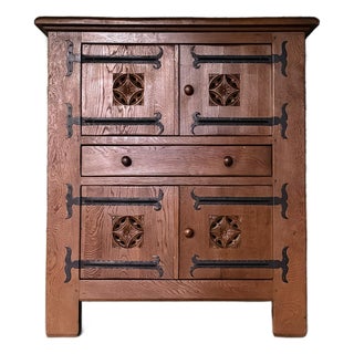 Antique Oak Cupboard Cabinet With Iron Details For Sale