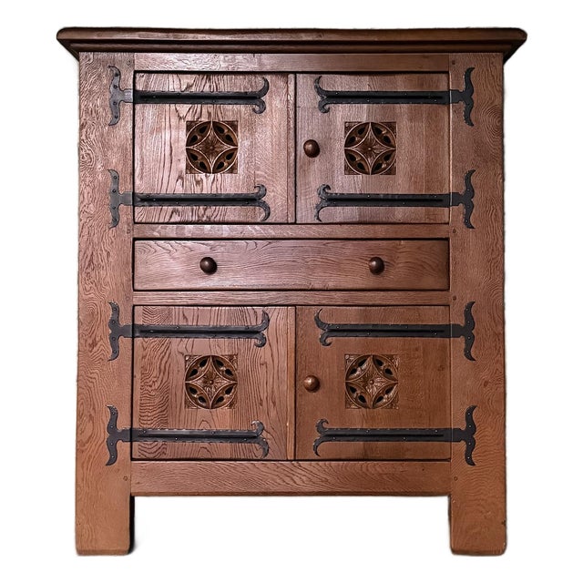 Antique Oak Cupboard Cabinet With Iron Details For Sale