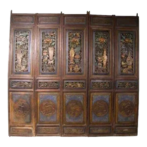 Antique Chinese Qing Painted Pine Five-Panel Paravent Room Screen