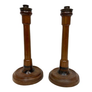 Pair of Vintage Two-Tone Wooden Candlesticks With Brass Bobeche From England. For Sale