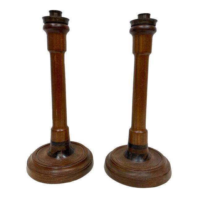 Pair of Vintage Two-Tone Wooden Candlesticks With Brass Bobeche From England. For Sale