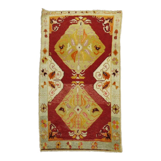 Vintage Turkish Oushak Red Field Scatter Rug For Sale