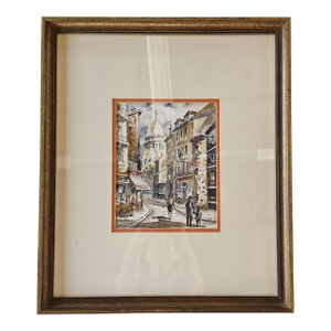 Framed Mid Century Paris Watercolor Street Scene of Rue Saint-Rustique With View of the Sacre Coeur, Signed