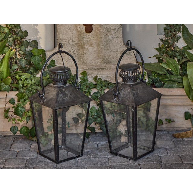 English Mid 20th Century English Country House Iron Lanterns with Glass Panels, Unwired - a Pair For Sale - Image 3 of 8