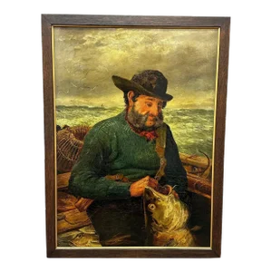 British Newlyn 19th Century Nautical Painting of a Cornish Sea Fisherman Releasing Catch