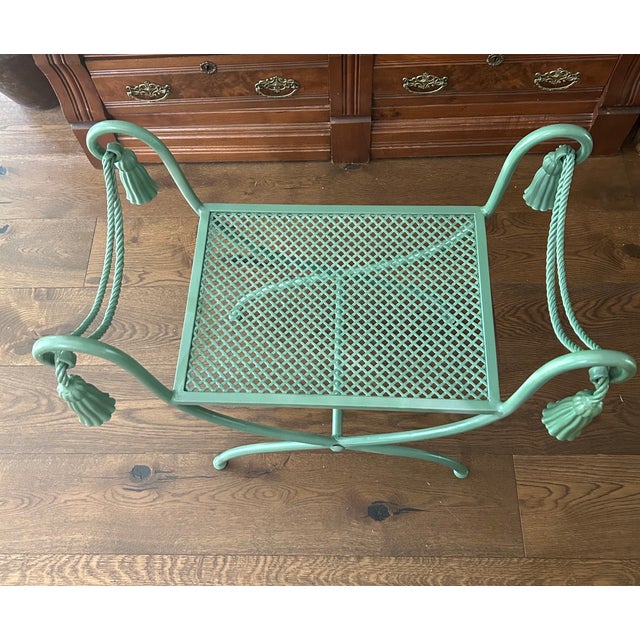 Italian Regency Style X-Base Bench with Rope and Tassel Detail in Moss Green A charming X-frame vanity bench or window...