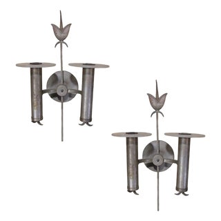 Pair of High Style Geometric Art Deco Silver Plate Bronze Wall Sconces For Sale