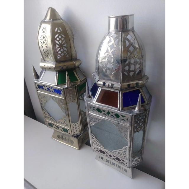 Metal Vintage Moroccan Colored Glass Wall Sconce Shades - a Pair For Sale - Image 7 of 7