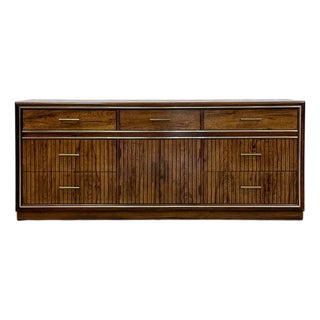 Vintage MCM Bassett Nine Drawer Fluted Dresser Brass Pulls and Trim Mid Century For Sale