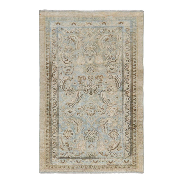 Antique Zabihi Collection Camel Powder Blue Persian Serab Small Rug - 2'7" x 4'1" For Sale
