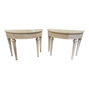Pair of French Louis XVI Design Neo-Classical Carved and Painted Demi-Lune Consoles