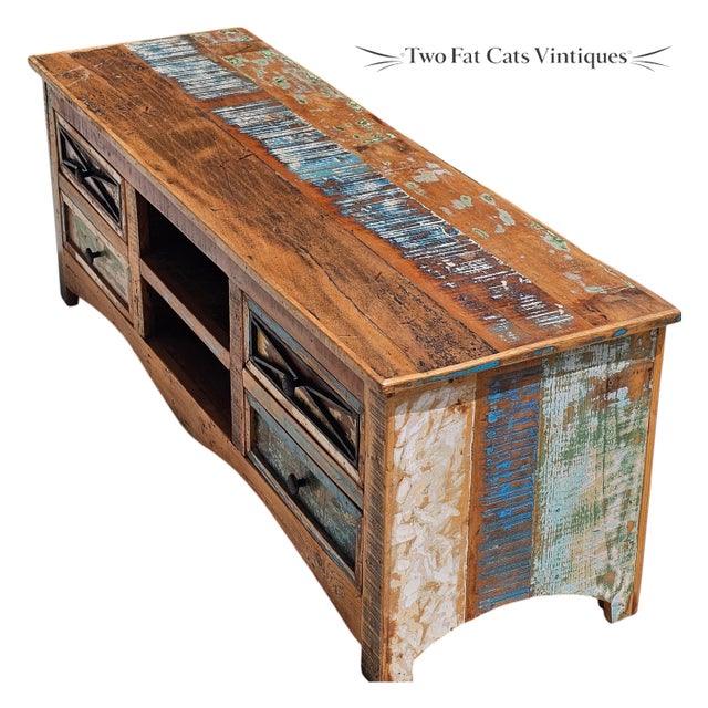 Tan Rustic Reclaimed Wood Tv Stand & Media Console | Coastal Farmhouse Credenza For Sale - Image 8 of 12