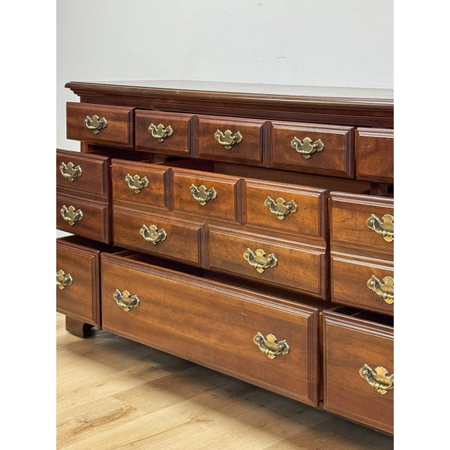 Vintage Dresser American Drew Nine Drawer Lowboy Traditional Brass Hardware For Sale - Image 16 of 18