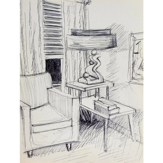 Mid-Century Modern Mid 20th Century Drawing of 1950's Living Room For Sale - Image 3 of 3