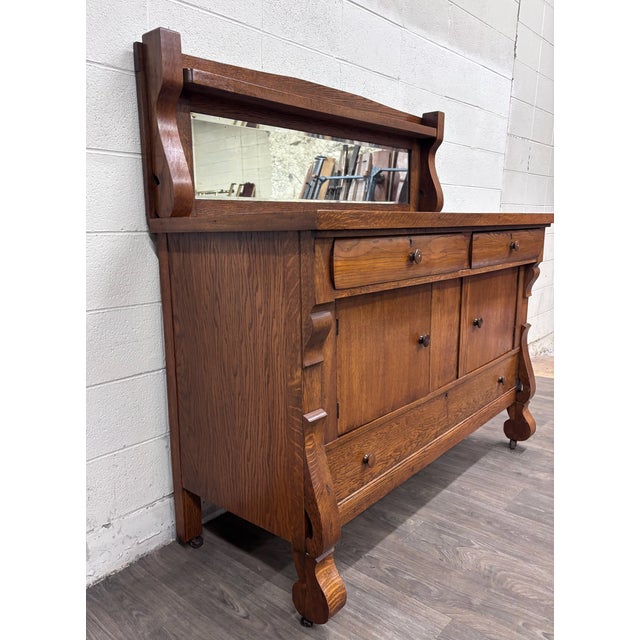 Antique Stout Furniture Co Tiger Oak Server Sideboard Buffet With Mirror For Sale - Image 4 of 13