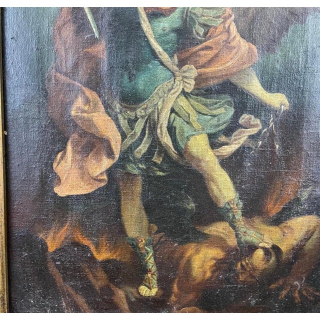 After Guido Reni, "The Archangel Michael Defeating Satan" Oil on Canvas Painting For Sale In West Palm - Image 6 of 12