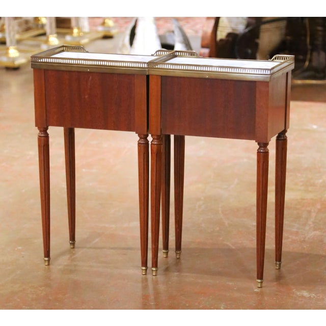 Pair of Vintage French Louis XVI Marble Top Mahogany Two-Drawer Nightstands For Sale - Image 12 of 14