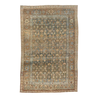 Antique Malayer Wool Rug With All-Over Botanical Motif in Muted Blue & Ochre For Sale