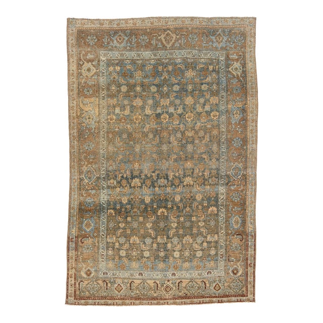 Antique Malayer Wool Rug With All-Over Botanical Motif in Muted Blue & Ochre For Sale