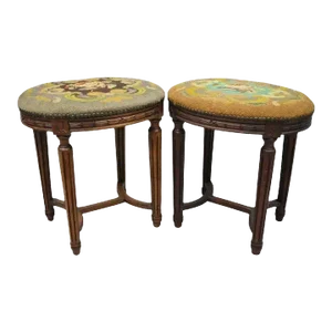 Early 20th Century Antique French Louis XVI Style Carved Walnut & Needlepoint Oval Stools - a Pair